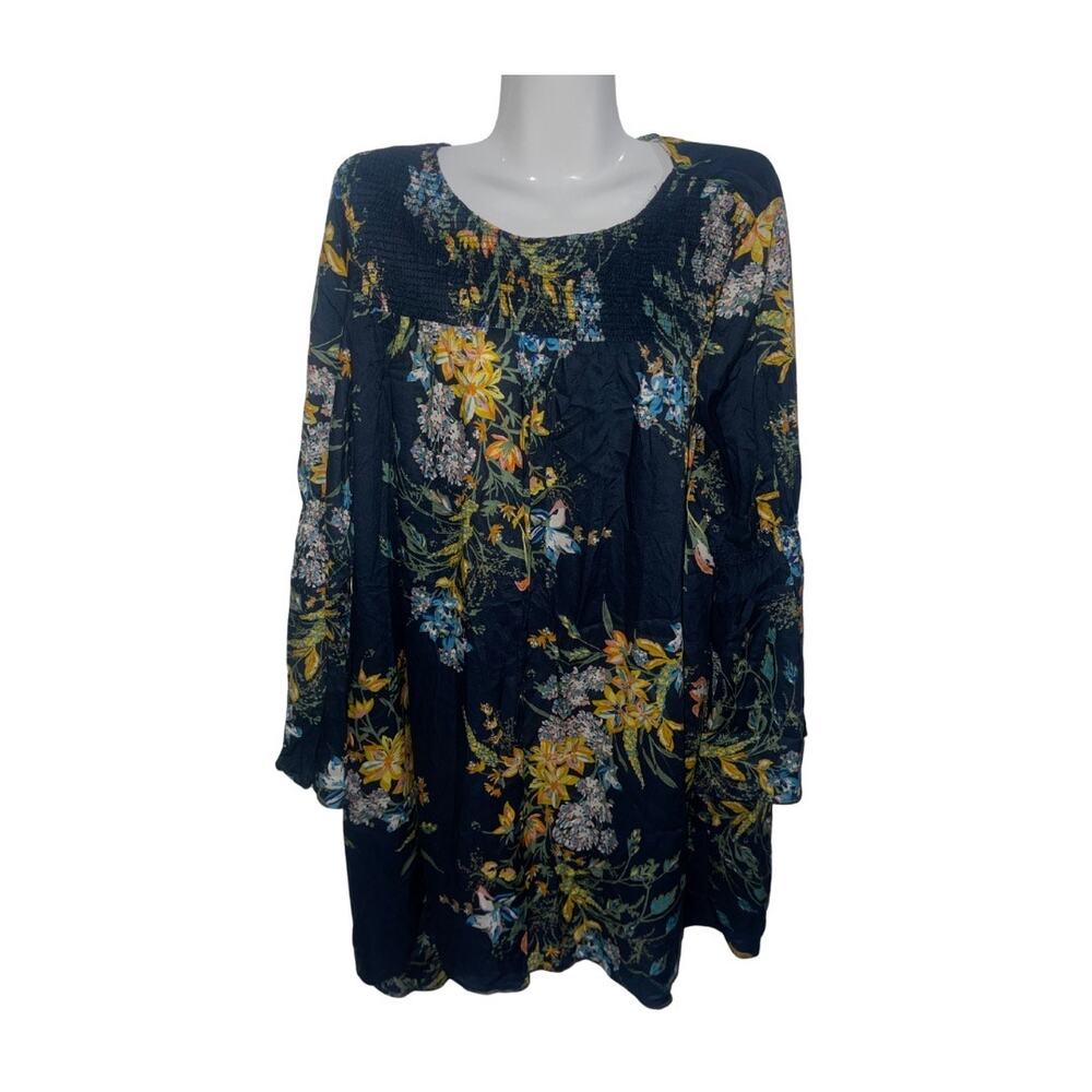 Zara Basic Z1975 Denim Floral Flare Bell Sleeve Empire Waist Dress Botanical